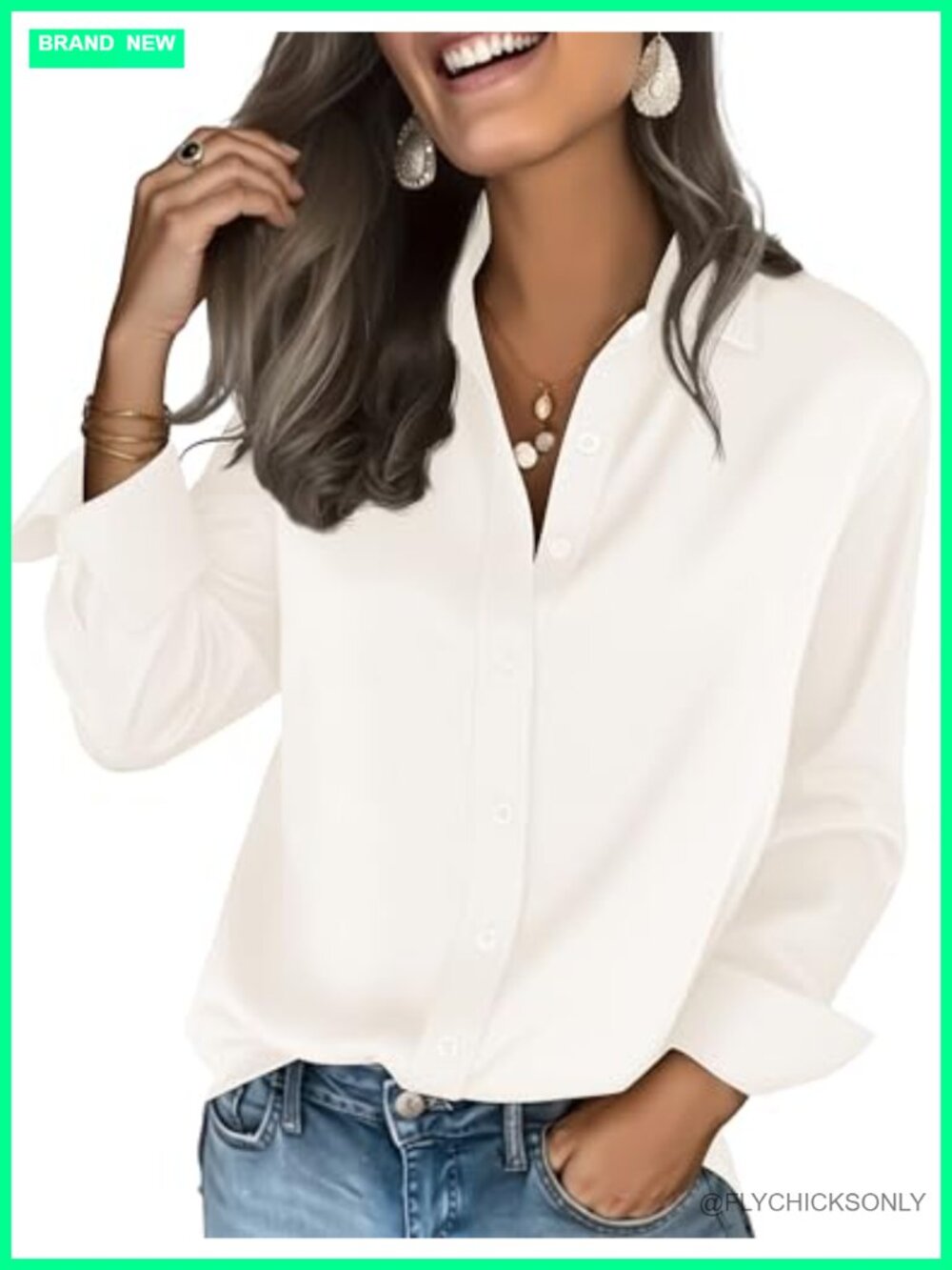 Satin Button Down Shirt Long Sleeve V-Neck Blouse for Work Casual